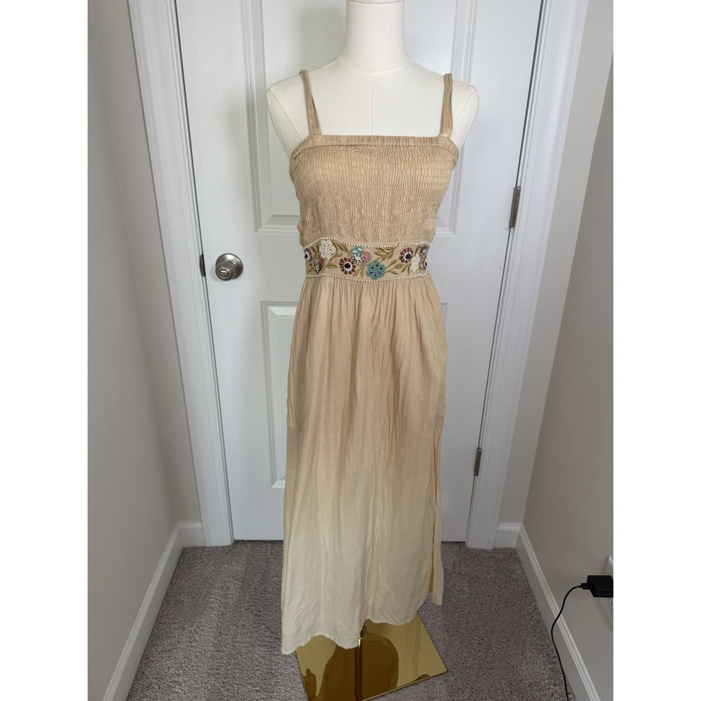 Soft Surroundings Women's Boho Beaded Maxi Dress Size Small Petite Tan Ombré